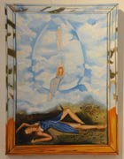 «La ascención de la señorita X». Oleo sobre lienzo, 80x60 cm. 2008. Inspirada en la obra de Frida Kahlo, «El suicidio de Dorothy Hale» de 1938-1939. 
