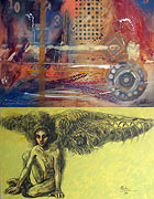 Arriba: Sinecio Cuétara: «Rueda después»,(2009) Acrílico sobre lienzo, (100 x 130 cm). Abajo: Alicia de la Campa: «Destino de Icaro», (2009) Técnica mixta sobre lienzo, (90 x 150 cm)