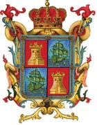 Escudo del Estado de Campeche, establecido en 1777 y enel que se pueden apreciar símbolos de su fundación: las fortalezas y la función portuaria